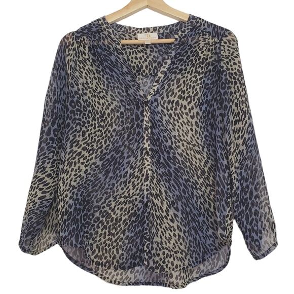 Collective Concepts | Leopard Print Sheer Button Front Blouse Roll Tab Sleeves - Picture 1 of 8
